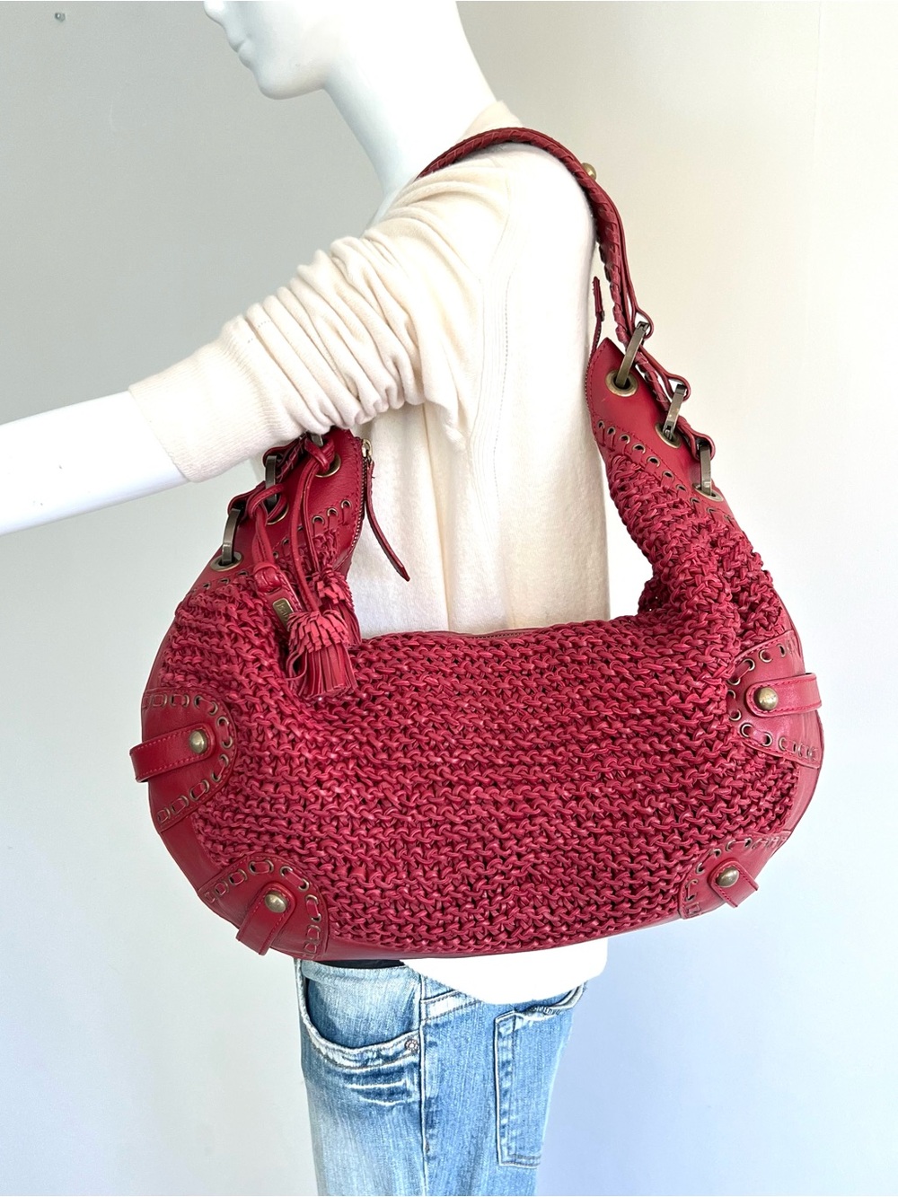 ISABELLA FIORE Burgundy Woven Leather Tassel Studs Large Shoulder Tote Hobo Bag